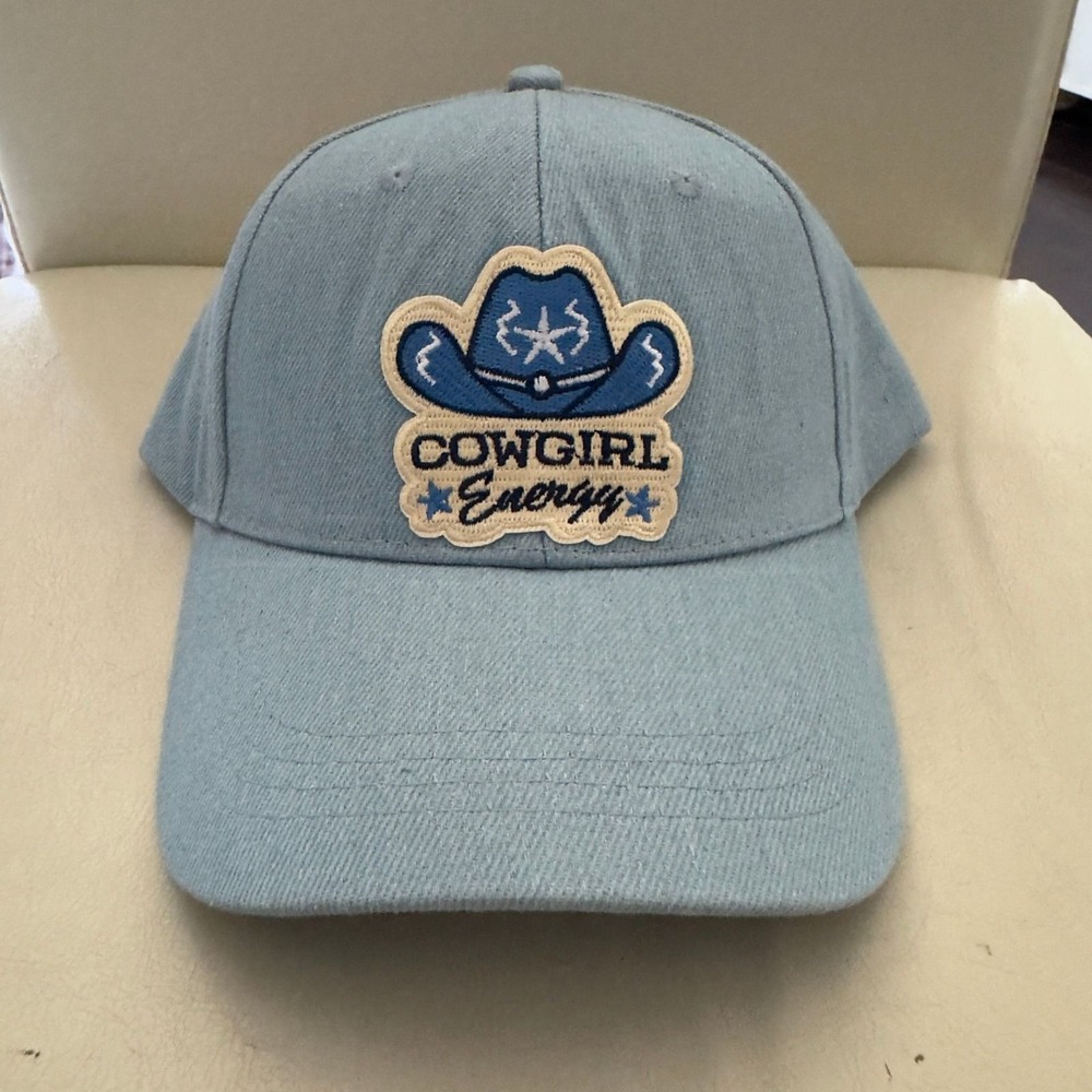 3133 | NWT Custom Hand Pressed Cowgirl Energy Denim Baseball Cap Light Blue OS